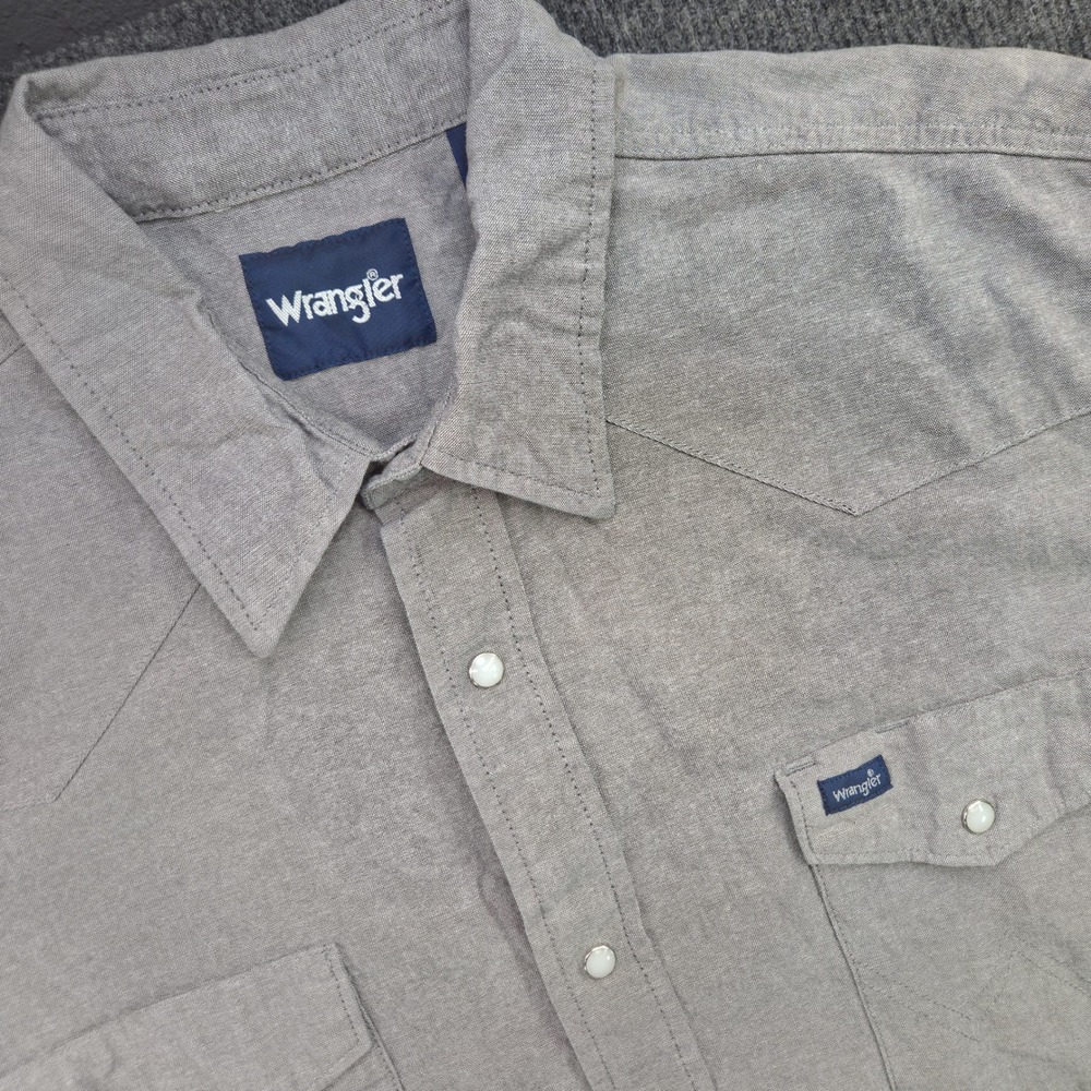 Wrangler Mens Western Shirt Grey Chambray Pearl Snap Long Sleeve Regular Fit